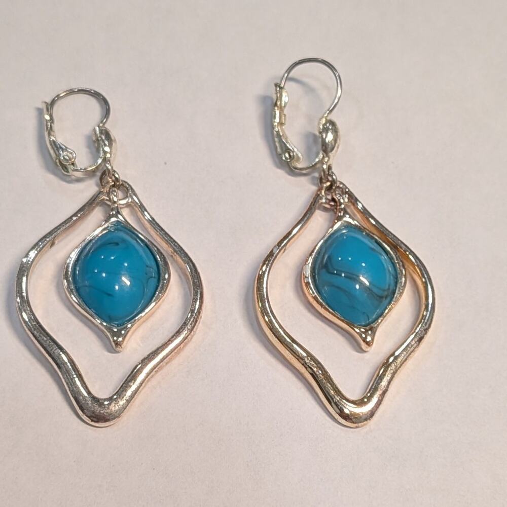Vintage Boho Silver Tone Teardrop Dangle Earrings with Faux Turquoise Cabochons